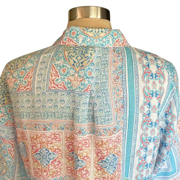Chico's No Iron Coastal Tile Linen Button Up Shirt Size 12 Casual Travel Summer - Picture 7 of 10